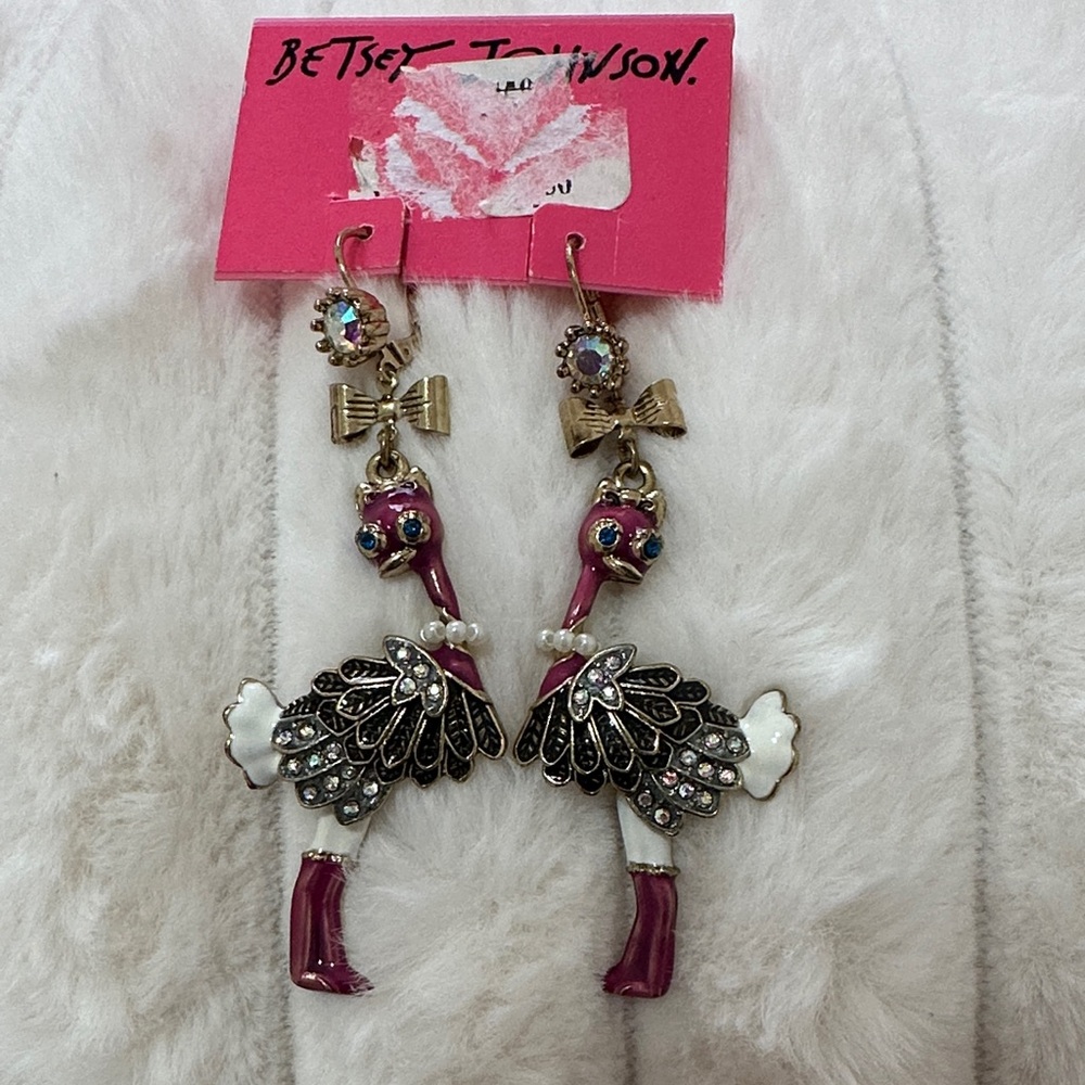 Betsey Johnson Pink and Black Ostritch Earrings